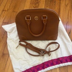 Tory Burch Elegant Brown Leather Handbag with Perforated Design